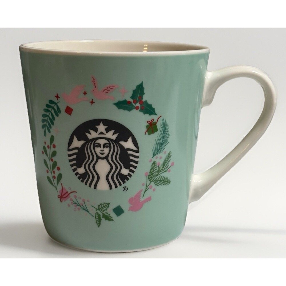 Starbucks Cup Mug Oversized 18 Oz Aqua Teal Floral 2019 Limited Ed Xmas Wreath